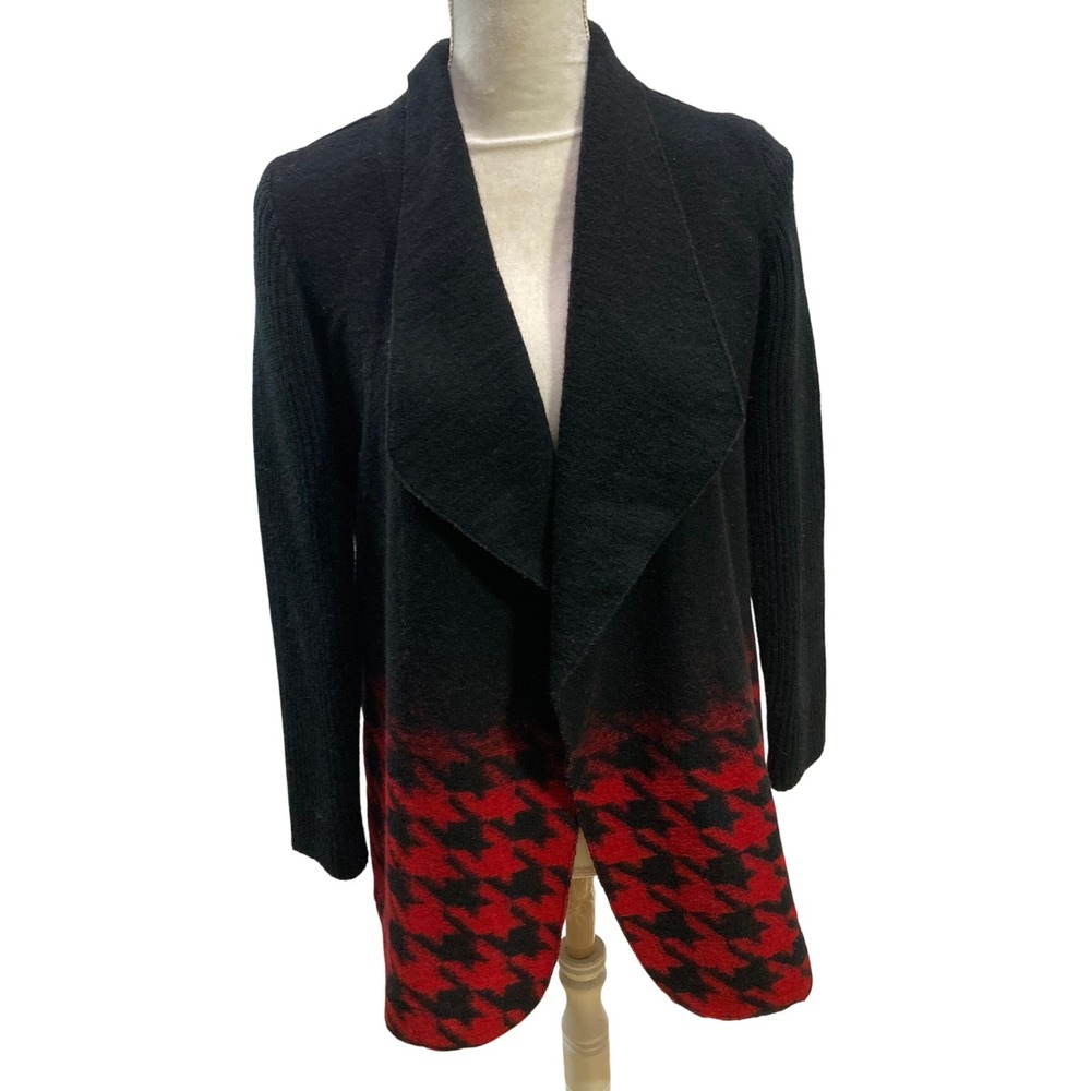 VTG PARKHURST Black Red‎ Houndstooth Waterfall Cardigan Sweater M Lagenlook Boho